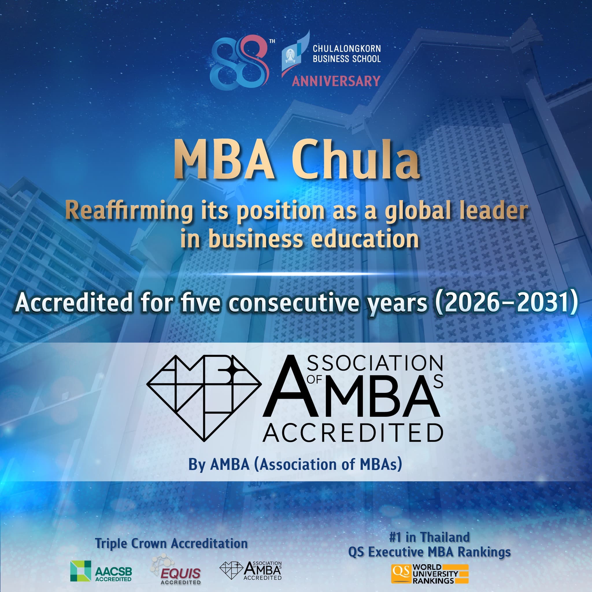 MBA Chula ตอกย้ำความเป็นผู้นำด้านการศึกษาในระดับสากล รับรองมาตรฐานคุณภาพต่อเนื่องจาก Association of MBAs (AMBA)